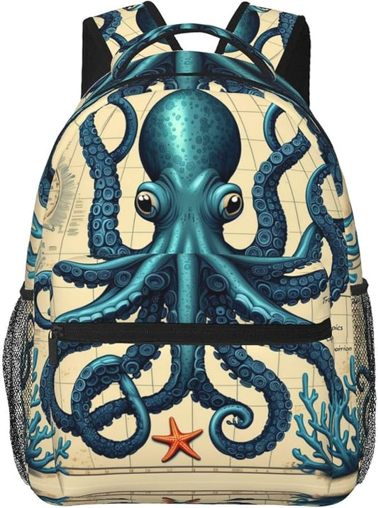 Backpack Multipurpose Anti-Theft Large Capacity Bookbag, Retro Octopus Art Travel Hiking Daypack With Side Pockets