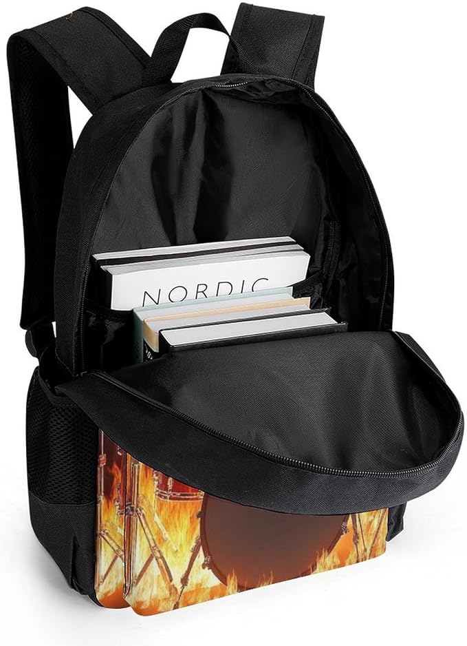 Polyester Daypack for Hiking Work Running, Big Capacity Anti-Theft Multipurpose Shoulder Bag, Rock Drum Fire Flame Skull Skeleton Travel and Sport Backpack Rucksack