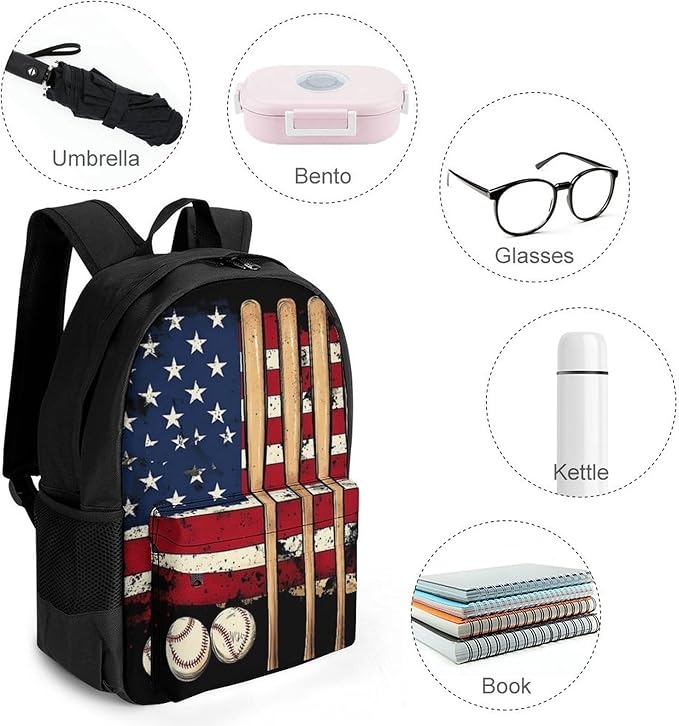 Supdreamc Adults Lightweight Patriotic Usa Retro American Flag Baseball Print Shoulder Book Bags Big Capacity Shoulder Bag With Adjustable Shoulder Straps for Trekking Work Walking Cycling