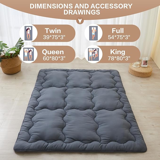 SAPHREAS Japanese Futon Mattress Floor Mattress Queen, Foldable Roll Up Bed Mattress Topper with Elastic Straps, Tatami Mat Sleeping Pad for Camping, Grey