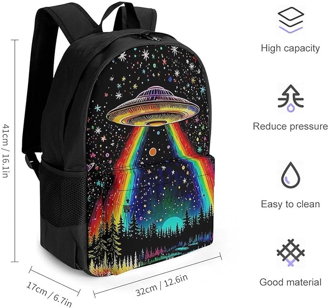 Supdreamc Men Women Polyester Trippy Space Ufo Boat Art Daypack Backpack Large Capacity Carry On Bag With Smooth Zippers for Hiking Picnic Walking Cycling