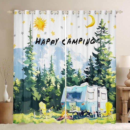 Camper Adventure Kids Blackout Curtains,Bonfire Campfire Pine Tree Rustic Window Drapes,Star Moon RV Trailer Nursery Bedroom Playroom Decor,Summer Green 2 Panels,38Wx54L inch