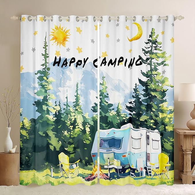 Camper Adventure Kids Blackout Curtains,Bonfire Campfire Pine Tree Rustic Boys Girls Room Decor,Star Moon RV Trailer Window Drapes,Summer Green 2 Panels,42Wx90L inch