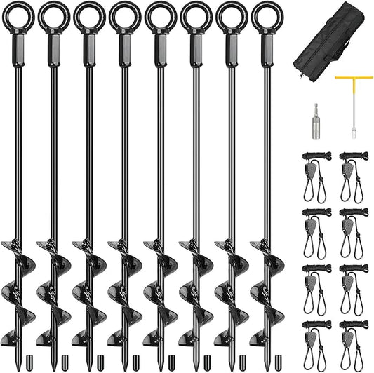 Tent Stakes Anchors 16-in 8 Pack, RV Awning Tie Down Kit for Wind-Proof with Retractable Ratchet Straps, Camping Stakes Heavy Duty for Tents, Beach Umbrellas, Canopies, Carport, Campers