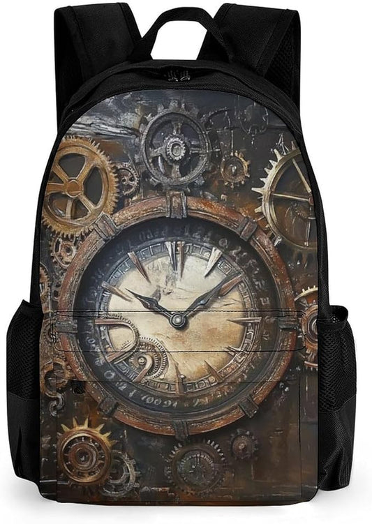Rucksacks Multipurpose Anti-Theft Big Capacity Bookbag, Vintage Steampunk Clocks Travel Hiking Camping Rucksack With Padded Straps