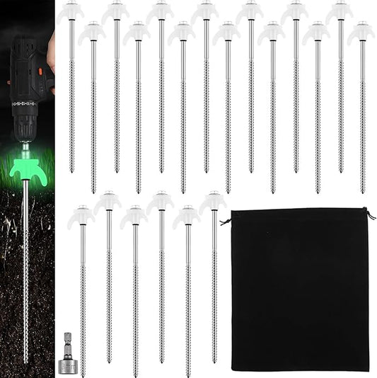 JaGely 10 Pcs 12 Inch Screw in Tent Stakes Heavy Duty Ground Anchors Metal Threaded Spikes Camping Stake Screw in Tent Pegs with Hex Head Driver for Camping Travel Decor Outdoor (Luminous White)