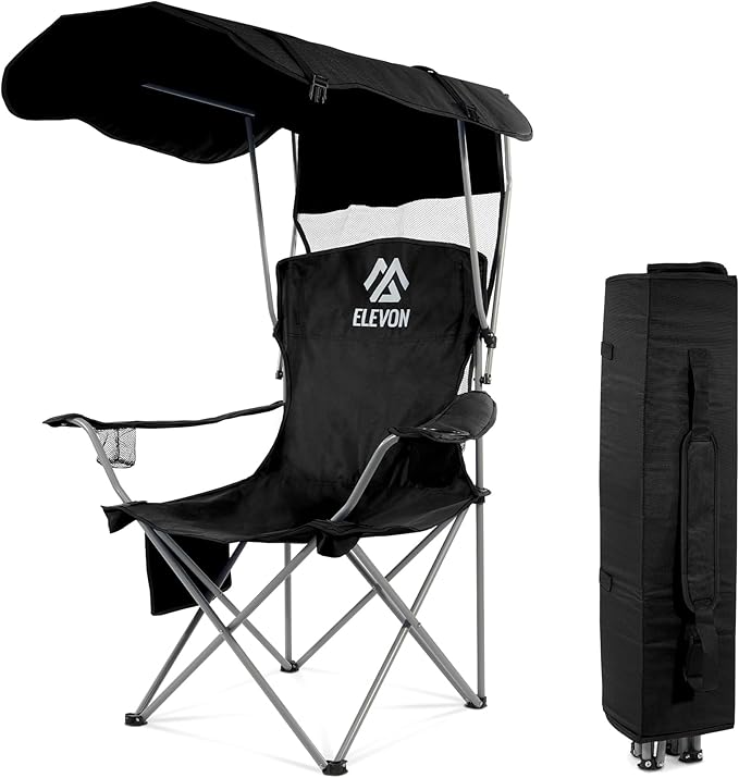 Elevon Camping Chair, Oversized Folding Chair with Canopy, Portable Outdoor Chair with Arms, Cup Holder and Carry Bag for Camping, Fishing, Beach, and Sports, Graphite