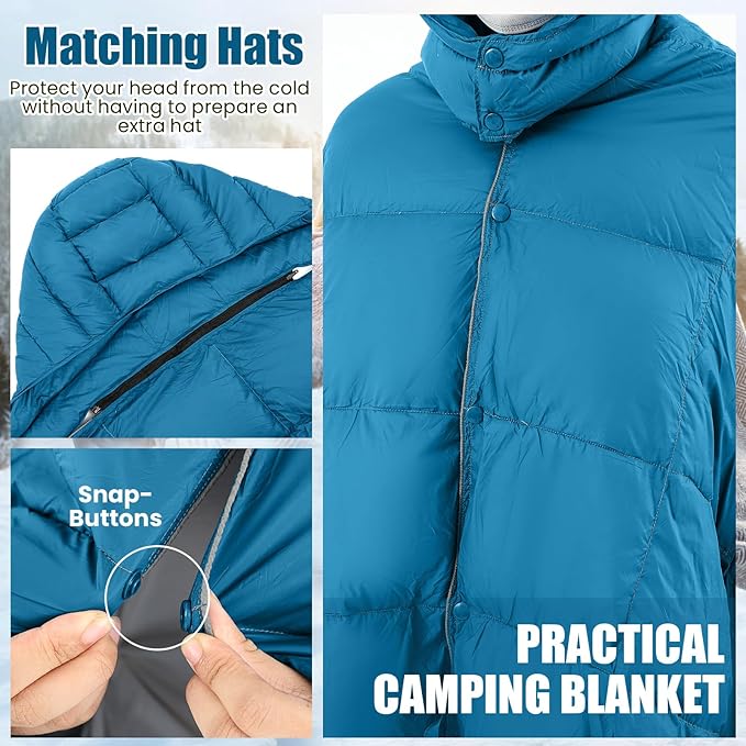 Hooded Down Camping Blanket Waterproof 650 Fill Puffy Poncho Blanket 77" x 50" Packable Wearable Sleeping Bag with Detachable Hat Outdoor Stadium Camping Cold Weather, 1.36 lb(Teal Blue)