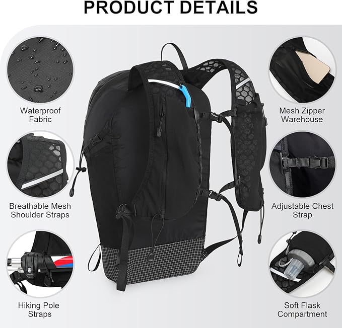 IX INOXTO Hiking Backpack 15L/22L Ultra Lightweight Packable Travel Backpack Small Waterproof Foldable Outdoor Day Pack with Two 500ML Soft flasks for Men Women (Black)