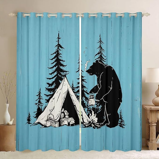 Feelyou Camper Theme Curtains for Bedroom Living Room Cute Tent Bear Blackout Darkening Drapes Camping Decor Window Treatments, 2 Panels 42 x 90 Inch Room Decor
