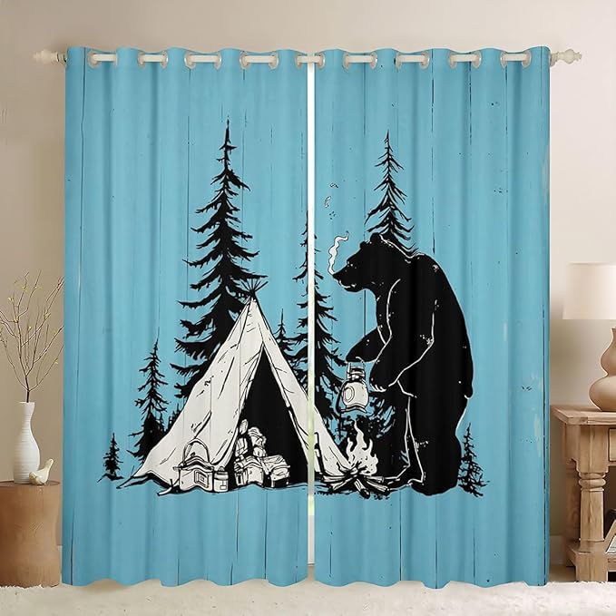Feelyou Camper Theme Curtains for Bedroom Living Room Cute Tent Bear Blackout Darkening Drapes Camping Decor Window Treatments, 2 Panels 42 x 63 Inch Room Decor