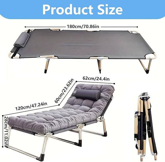 Leo IRis Portable Folding Camping Cot, Oversize Adjustable 5-Position Adults Reclining Lounge Chairs with Pillow, Heavy Duty Oxford Cloth 600D with Mattress (Gray - Upgrade Bed (with Mat))