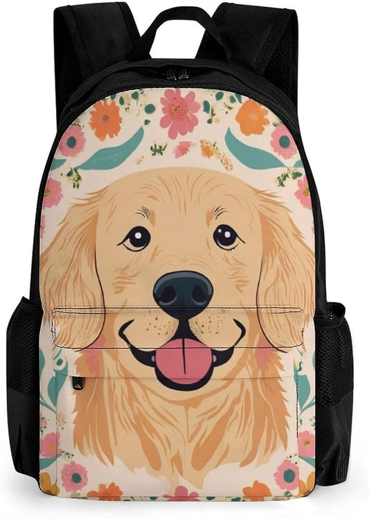 Women Men Polyester Golden Retriever Floral Dogs Casual Daypack Large Capacity Bookbag With Side Pockets for Sports Picnic Walking Cycling