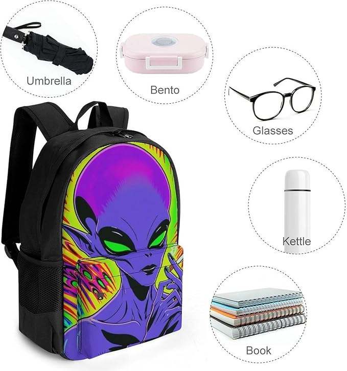Men Women Polyester Trippy Alien Art Daypack Big Capacity Shoulder Bag With Smooth Zippers for Hiking Work Walking Cycling