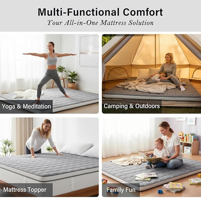 Tiita Futon Mattress 4” Thick Folding Roll Up Sleeping Pad with Bag & Strap, Bed Topper Mat for Guest, Lounger and Travel, Grey,Queen Size