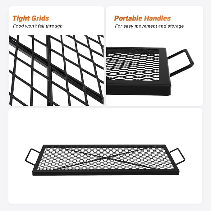 Onlyfire Barbecue Rectangle X-Marks Fire Pit Cooking Grate, Heavy Duty Steel Campfire BBQ Grill Grid with Handle Grill Grate for Outdoor, 32-Inch