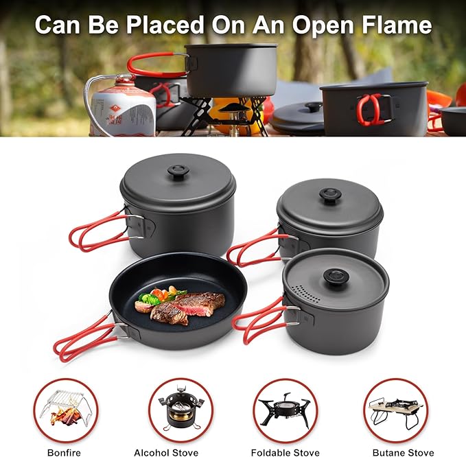 Alocs Camping Cookware Set Camping Gear, Compact Camping Pots and Pans Set, Durable Hard Alumina Camping Cooking Set for Outdoor Backpacking Camping Hiking Picnic, Included Mesh Carry Bag