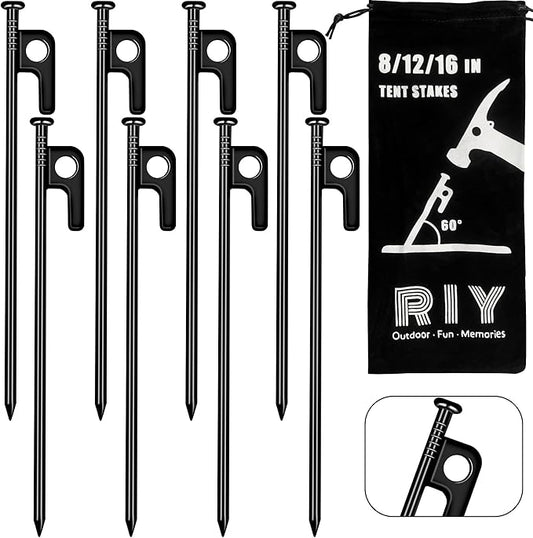 RIY Tent Stakes Heavy Duty 8 inch Metal Tent Pegs for Camping Steel Tent Stakes Inflexible and Unbreakable-8 PCS