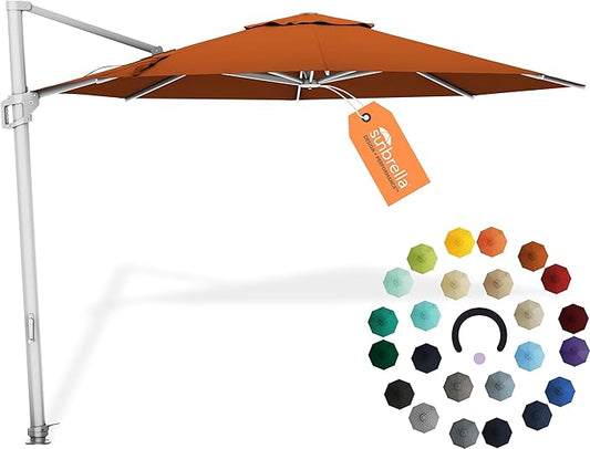 Midtown Umbrellas 10 Ft Outdoor Cantilever Patio Umbrella w/Sunbrella Terracotta Fabric - 360° Rotate Offset Patio Umbrella, Deck Patio Umbrella, Backyard Umbrella & Garden Umbrella - Silver Frame