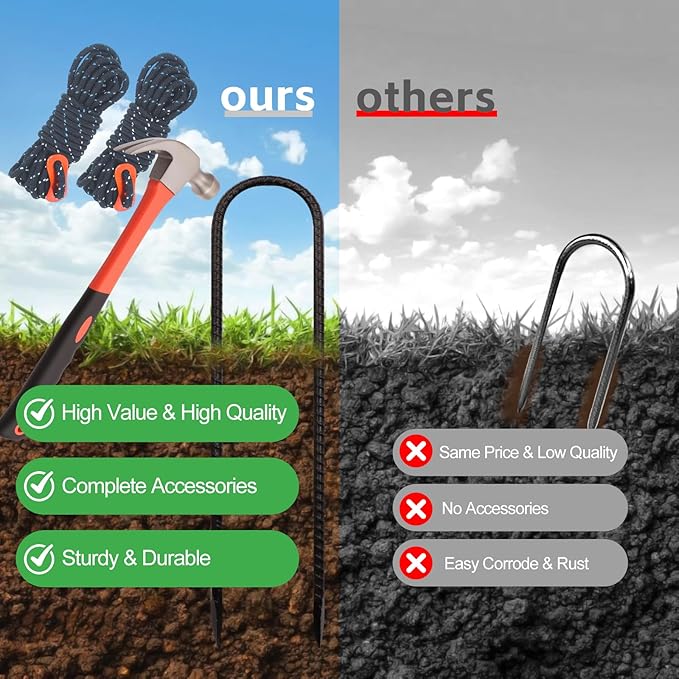 10 Pack 12 Inch Trampoline Stakes Set - Trampoline Anchors with 2 Windproof Rope, Tent Wind Stakes - Galvanized Steel Anchors for Swing, Camping Tents, Soccer Goals, Black