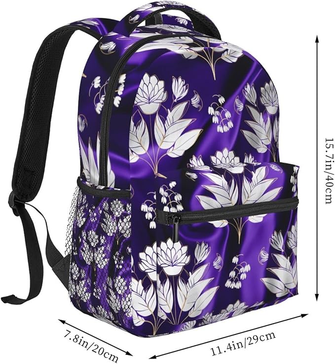 Men Women Polyester Aloha Hawaiian Purple Floral Art Daypack Bookbag Big Capacity Shoulder Bag With Padded Straps for Climbing Travel Walking Cycling