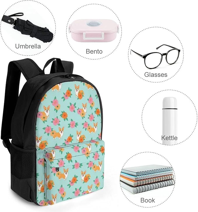 Lightweight Backpack for Gym Travel Bicycle, Big Capacity Multipurpose Anti-Theft Carry On Bag, Corgi Dogs Flowers Floral Travel Hiking Bag Day Pack