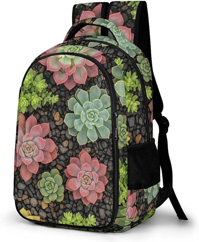 Casual Laptop Backpack Purse Succulent Plants, Cute Travel Bag with Tumbler Holder for Nurse Teacher College Commute