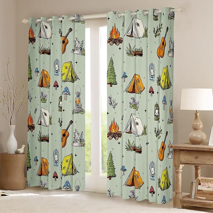 Feelyou Green Camping Camper Curtains for Bedroom Living Room Campfire Music Guitar Blackout Shades Happy Camping Room Darkening Curtain Window Treatments, 2 Panels 42 x 84 Inch Decor