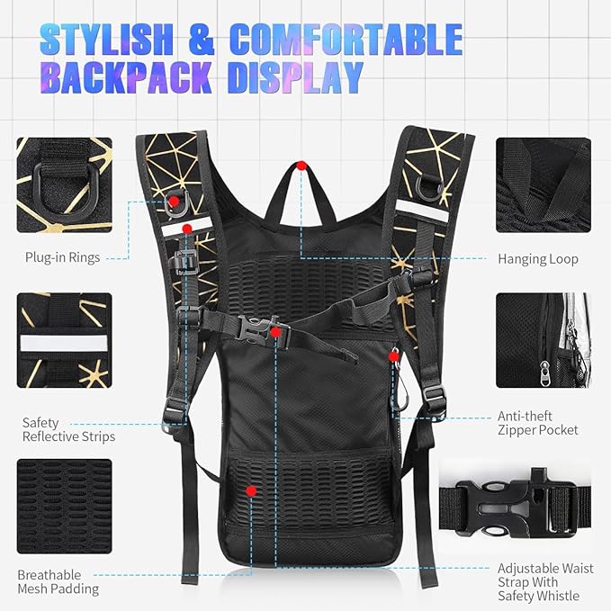 Hydration Backpack, Festival Rave Hydration Pack, Water Backpack with 2L Hydration Bladder, Rave Backpack Hydration Pack Hydropack Hydro for Hiking, Biking, Festivals, Raves