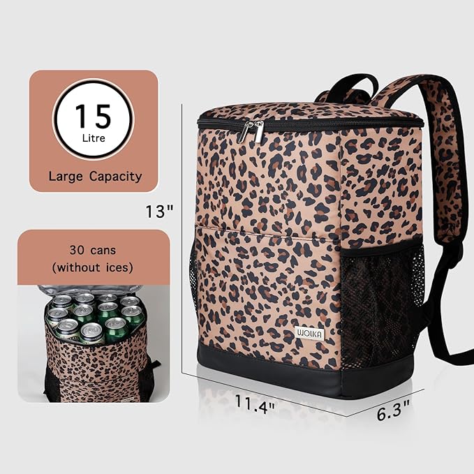 Wolka Cooler Backpack 30 Cans,Portable Backpack Coolers Insulated Leak Proof,Waterproof Soft Sided Cooler Bag for Travel,Beach,Camping,Picnic,Lunch Backpack for Women (Brown Leopard)