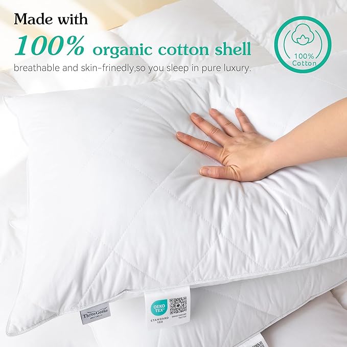 Three Geese Pack of 2 White Goose Feather Pillows King Size- Soft 600 Thread Count 100% Cotton, Medium Firm,Soft Support,White Solid