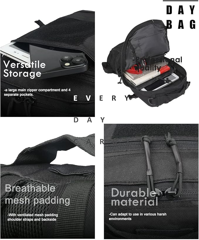 12L Small Backpack Day Pack - Mini Tactical Backpacks Military Daypack Molle Bag Rucksack Bug Out Bag for Hiking (Black)
