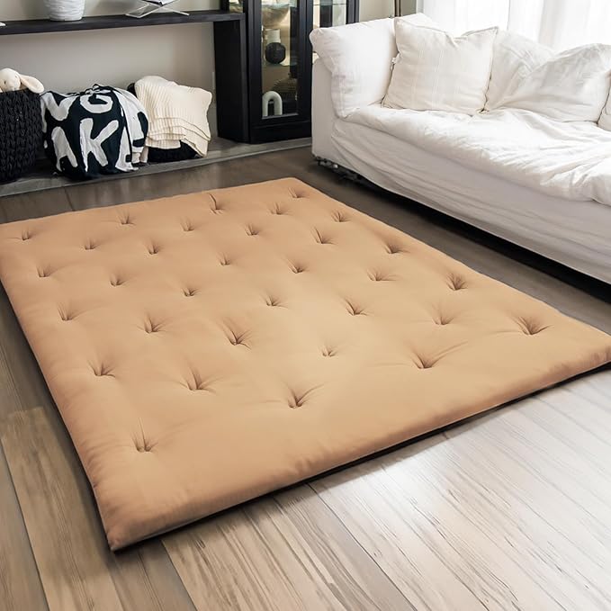 ZonLi Japanese Floor Futon Mattress Full Size 75"x 54", 100% Cotton Cover 2.5'' Thicken Tatami Mattress, Foldable Sleeping Pad, Portable Dormitory Tatami Mat(Khaki)