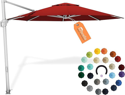 Midtown Umbrellas The Grande Round 10 FT Outdoor Cantilever Patio Umbrella w/Sunbrella Red Acrylic Fabric - 8 Rib Aluminum Frame Offset w/Tilt And 360° Rotate Pedal System - Silver Frame