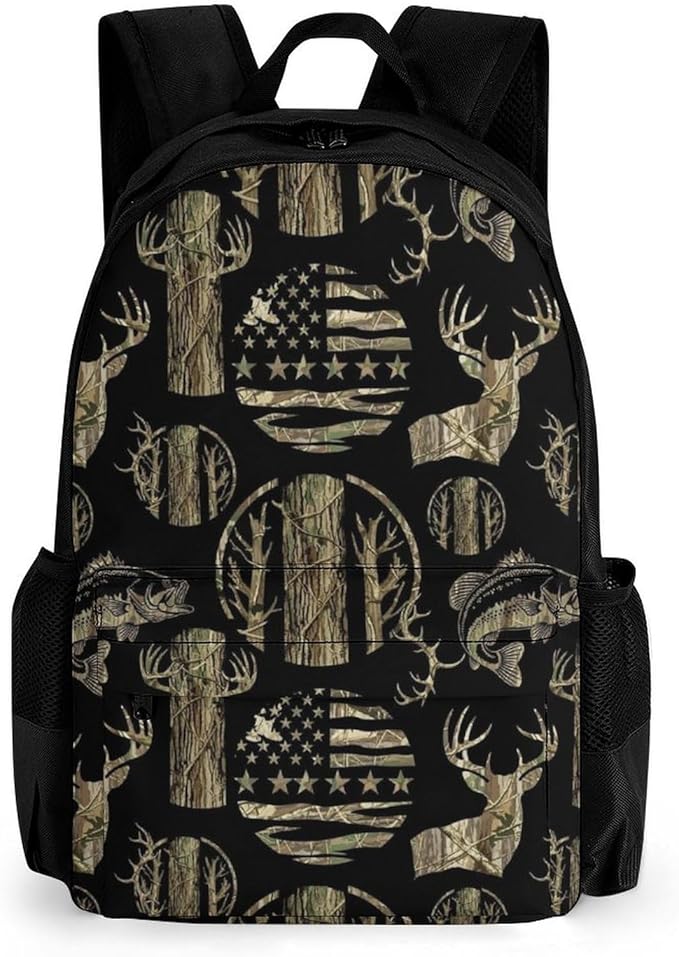 Lightweight Daypack Bookbag for Trekking Business Walking Cycling, Big Capacity Anti-Theft Multipurpose Carry On Bag, Hunting Deer Bass Camo Camouflage American Flag Black Business Computer Bag