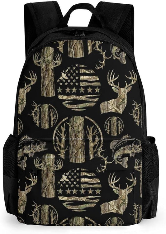 Lightweight Daypack Bookbag for Trekking Business Walking Cycling, Big Capacity Anti-Theft Multipurpose Carry On Bag, Hunting Deer Bass Camo Camouflage American Flag Black Business Computer Bag