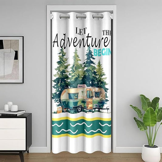 Happy Camping RV Kids Door Curtain,Camper Trailer Nature Adventure Blackout Curtain,Pine Tree Rustic Farmhouse Bedroom Doorway Living Room Decor,Country Green Privacy Door Drape 1 Panel,34" W X 80" L
