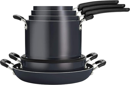Tramontina Aluminum Non Stick 11-Piece Nesting Pots and Pans Set with Lids - Gray, Kitchen Nonstick Cookware Set, Dishwasher and Oven Safe