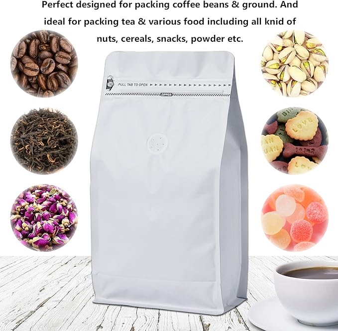 50 Pack Coffee Bags with Aluminum Foil and Degassing Valve, Resealable High Barrier Storage Bags, Odor-Proof for Coffee Beans, Stand Up Coffee Pouch, Flat Bottom (Medium-12OZ, White)