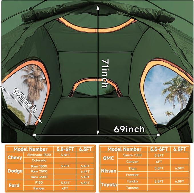 Truck Bed Tent 5.5' ~ 5.8', Upgrade Quick Setup Truck Tent for Camping, 3000mm Waterproof Pickup Truck Tent for 2 Person, Ford, GMC, Toyota, Chevy, Dodge, Nissan