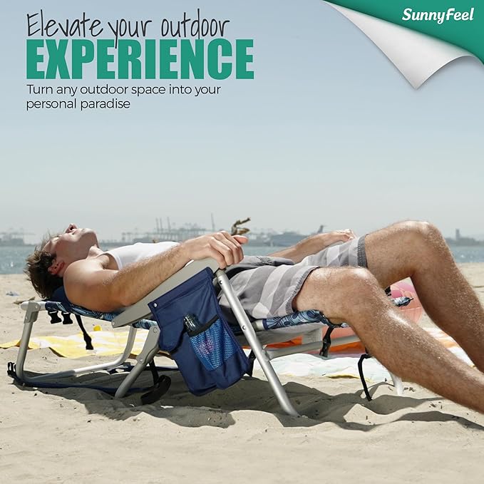 SUNNYFEEL Low Beach Chair 5 Position Lay Flat, Portable Folding Backpack Beach Chairs Heavy Duty with Cooler Bag, Cup Holder for Outdoor/Lawn/Picnic/Fishing, Foldable Camping Chair (New BlueStripe)