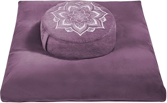 Meditation Zafu Cushion Set with Buckwheat Hulls & Memory Foam - Ergonomic Support for Yoga & Sitting - Removable Machine-Washable Luxury Velvet Cover - for Adults and Kids (Purple)