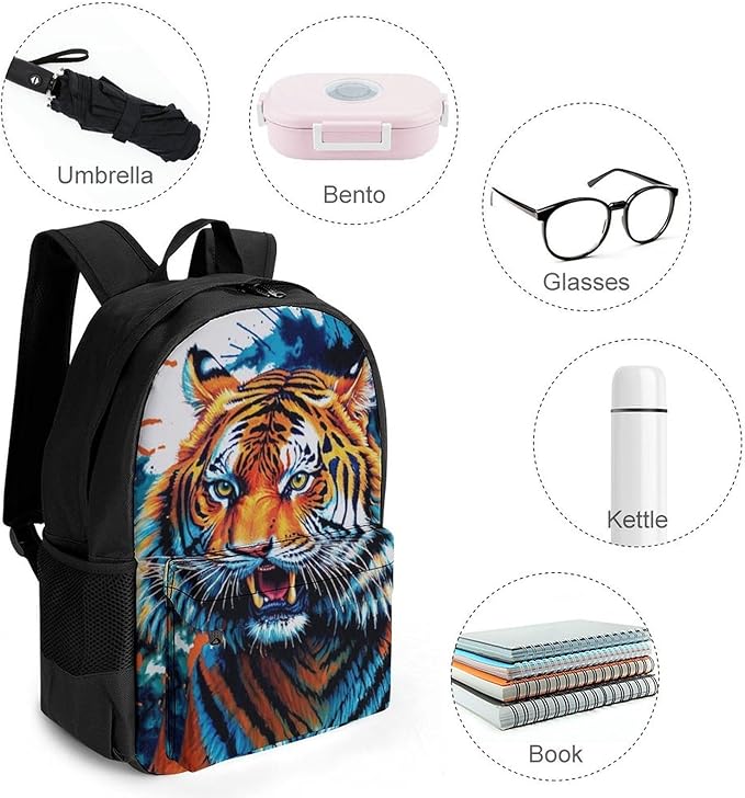 Supdreamc Lightweight Daypack Backpack for Sports Travel Running, Large Capacity Multipurpose Anti-Theft Bookbag, Blue Fierce Wild Tiger Animal King Art Laptop Backpack Daypack