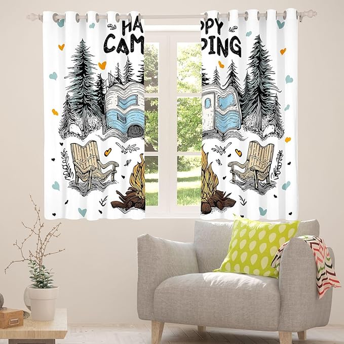 Feelyou Camping Camper Rv Curtains for Bedroom Living Room Happy Camping Blackout Shades Rustic Farmhouse Room Darkening Curtain Window Treatments, 2 Panels 52 x 90 Inch Decor