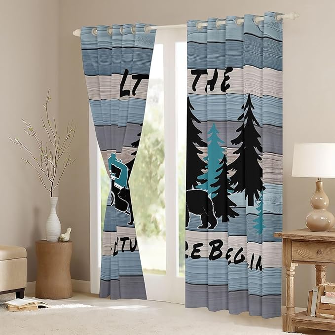 Camper Adventure Kids Blackout Curtains,Bear Pine Tree Rustic Farmhouse Window Drapes,Wooden Plank Cottage Cabin Boys Girls Room Decor,Blue Black 2 Panels,38Wx54L inch