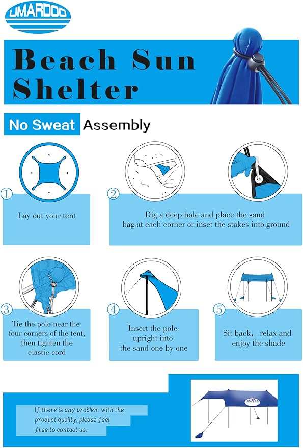 UMARDOO Family Beach Tent Canopy Sun Shade Portable 10×10FT, Large Wind Resistance Beach Sun Shelter Easy Setup with Packable Carry Bag for Outdoor Travel UPF 50+ (Blue)