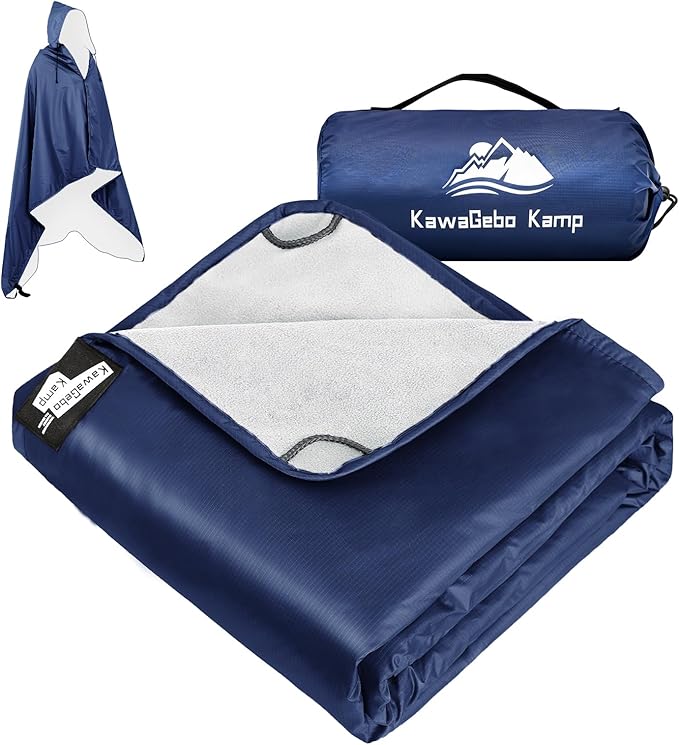 Fleece Waterproof Outdoor Blanket - Windproof Stadium Blanket for Camping, Picnics, and Sports Stay Dry and Comfortable 80"x 58"(Hoodeed, Blue)