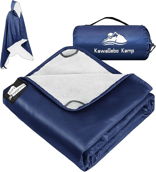Fleece Waterproof Outdoor Blanket - Windproof Stadium Blanket for Camping, Picnics, and Sports Stay Dry and Comfortable 80"x 58"(Hoodeed, Blue)