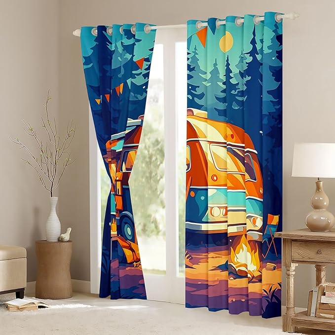Feelyou Happy Camping Blackout Curtains Travel Car Rv Darkening Drapes for Bedroom Living Room Decor Camper Theme Thermal Insulated Shades Window Treatments, 2 Panels 42 x 84 Inch