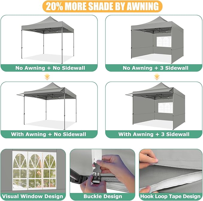COBIZI 10x10 Pop Up Canopy Tent with Awning,Heavy Duty Canopy UPF 50+ All Season Wind Waterproof Commercial Outdoor Street Vendors Party Tents for Parties Canopy with Carry Bag(10 x 10 ft Gray)